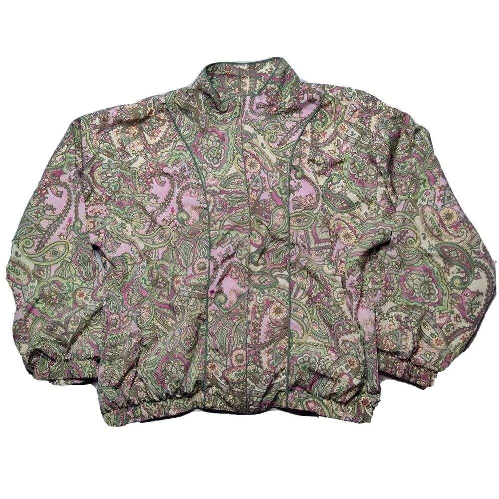 VTG TAIL Women Size Large Green Paisley Full Zip Windbreaker Jacket